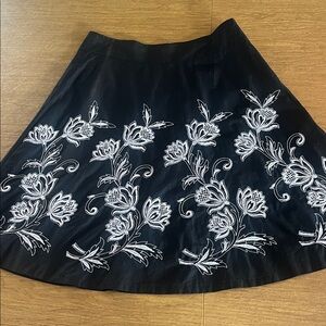 LOFT Black Silky Cotton Full Skirt with White Floral Embroidery, Size 12